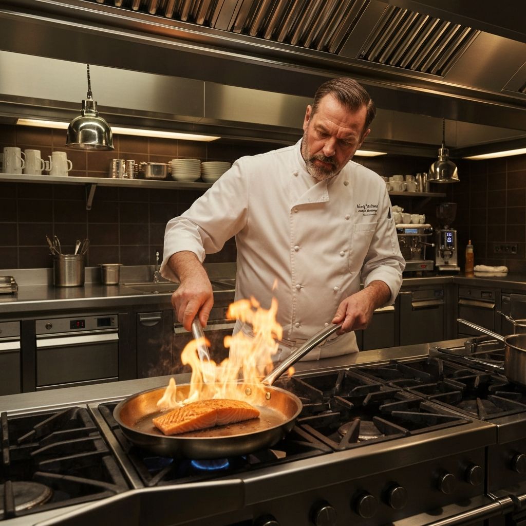 Professional chef cooking with Gordon Ramsay cookware over high heat