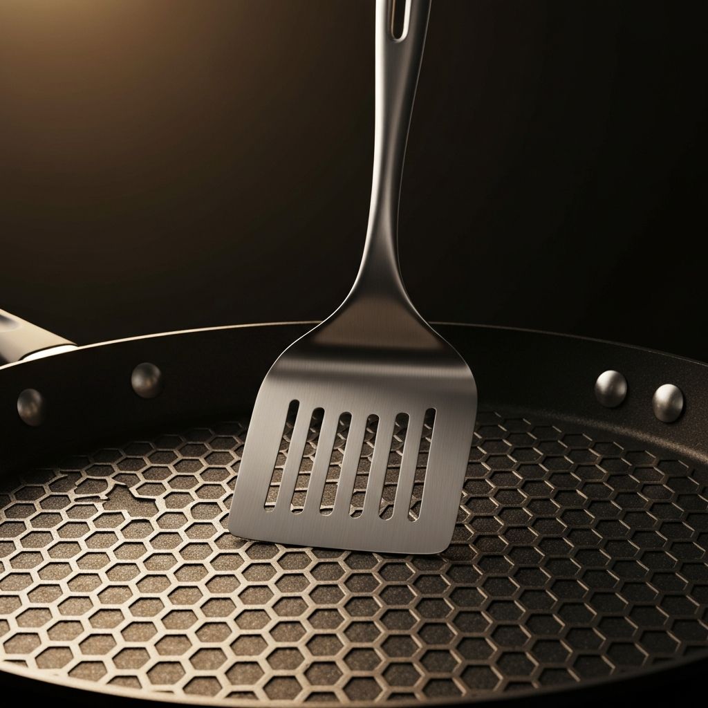 Metal spatula used safely in a hybrid non-stick pan